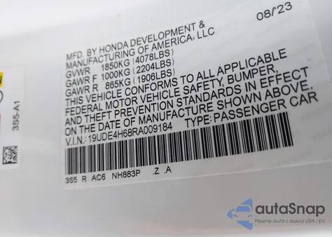 2024 Acura Integra A-Spec Technology из США, поврежденный, VIN 19UDE4H68RA009184